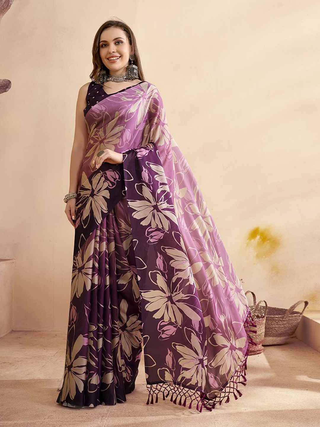 

Anouk Floral Satin Saree, Violet