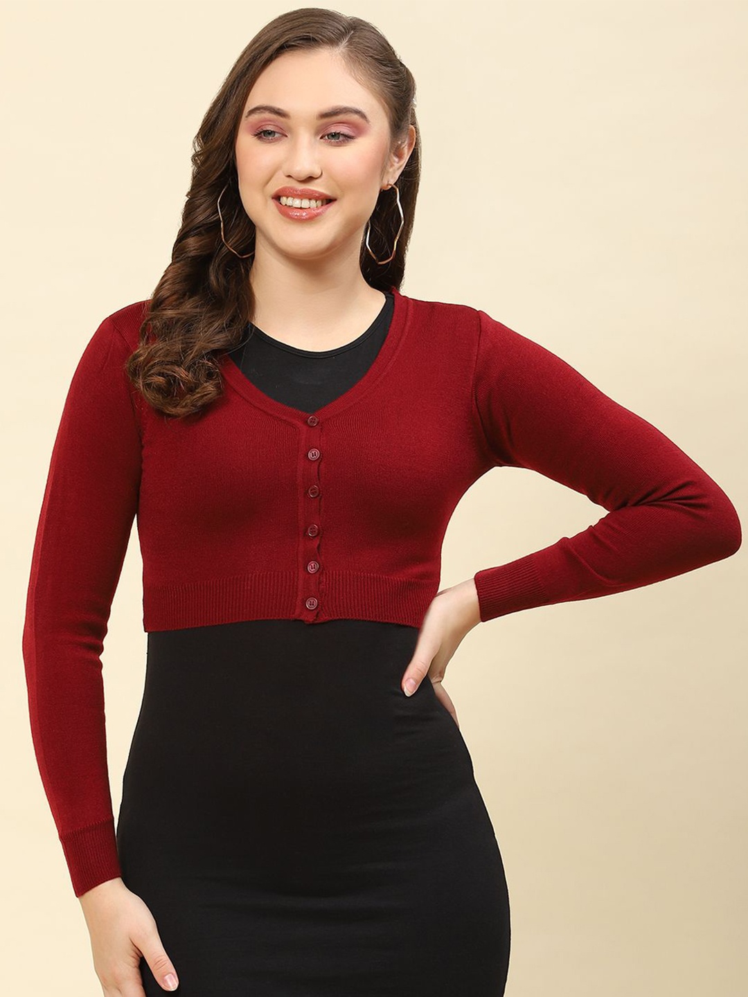 

Monte Carlo Women Woollen Crop Cardigan, Maroon