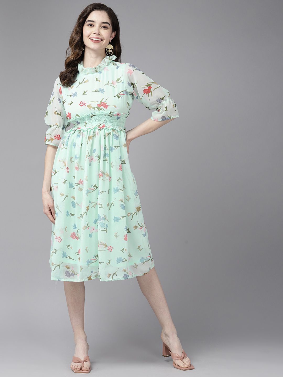 

BAESD Floral Print Georgette Peplum Dress, Turquoise blue