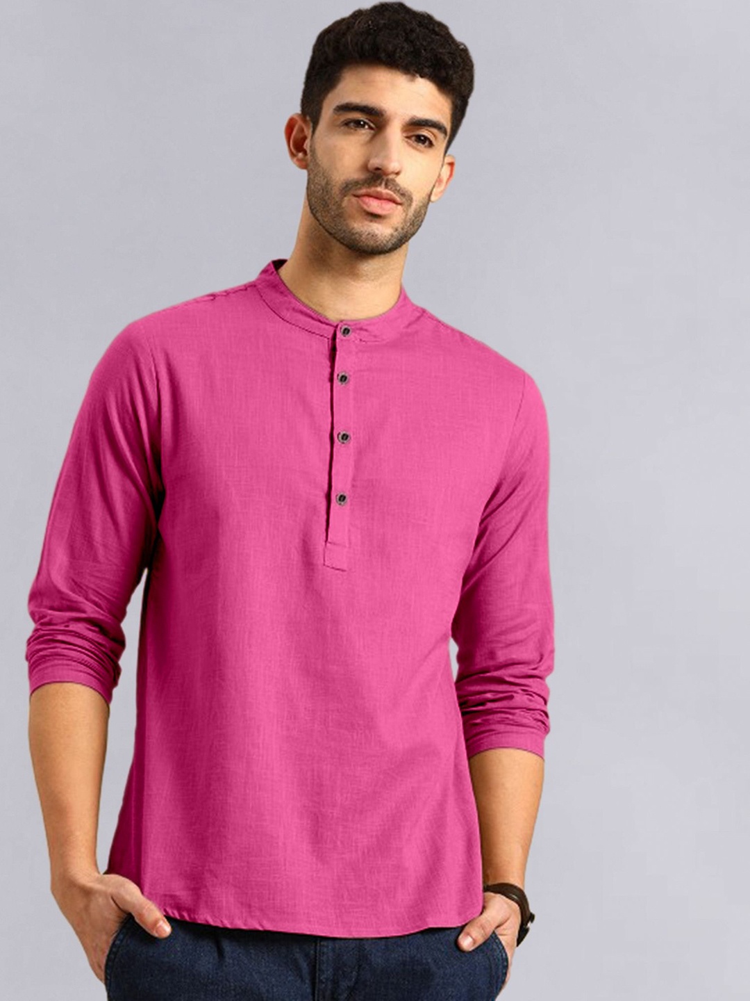 

allan peter Mandarin Collar Pure Cotton Straight Kurta, Pink