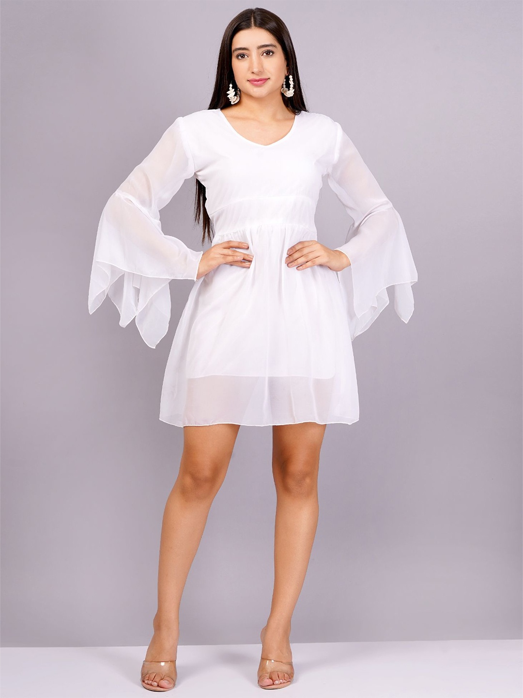 

KALINI Bell Sleeve Georgette Fit & Flare Dress, White