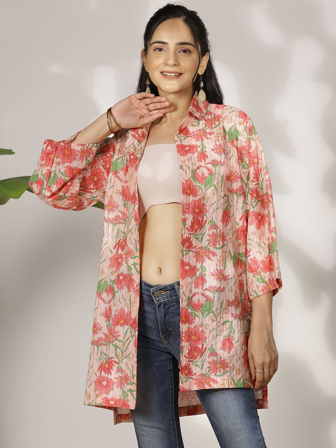 

LetsDressUp Floral Printed Shirt Collar Cotton Longline Shrug, Pink