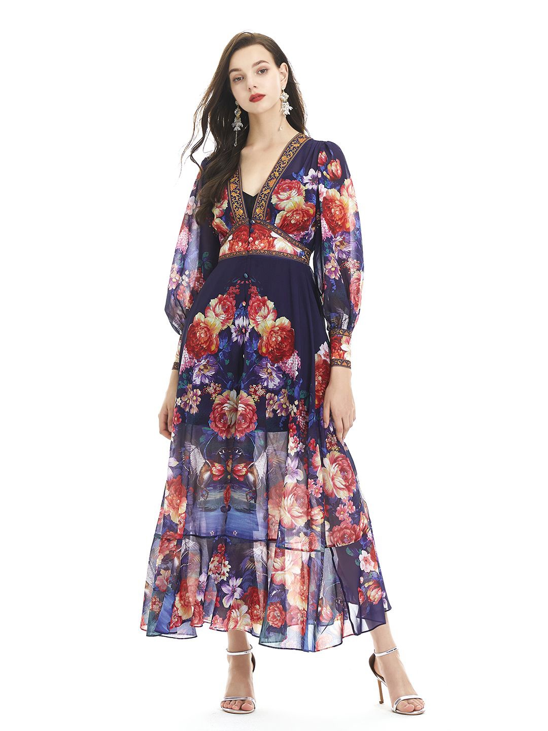 

JC Collection Floral Print Puff Sleeve Fit & Flare Maxi Dress, Multi