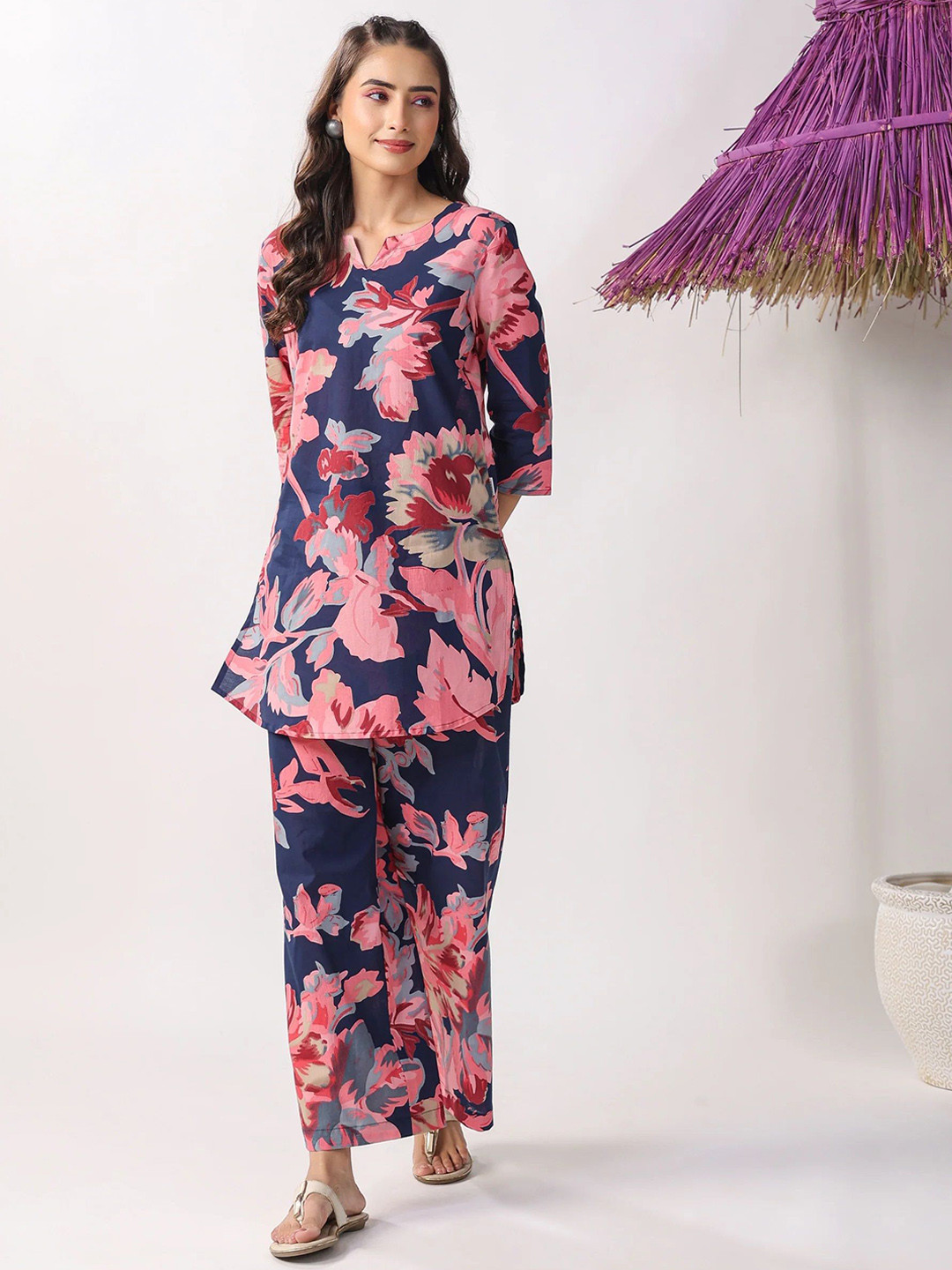 

KALINI Floral Printed Notched Neck Tunic And Trouser, Blue