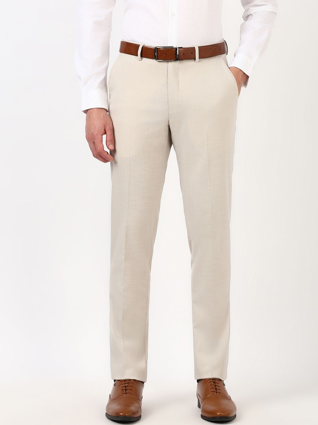 

Peter England Men Slim Fit Mid-Rise Formal Trousers, Beige