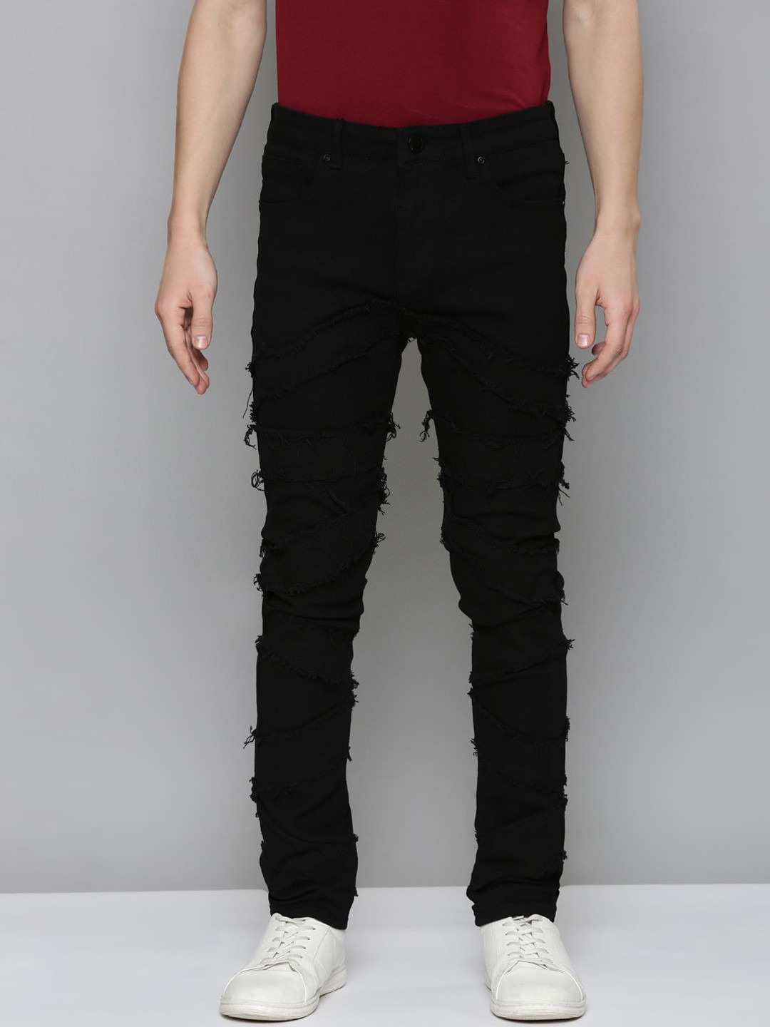 

WAIMEA Men Comfort Mid-Rise Skinny Fit Highly Distressed Stretchable Jeans, Black