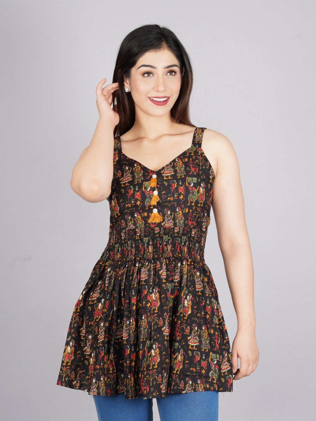 

TANISHA Women Graphic Printed Ethnic Print Shoulder Straps Top, Black