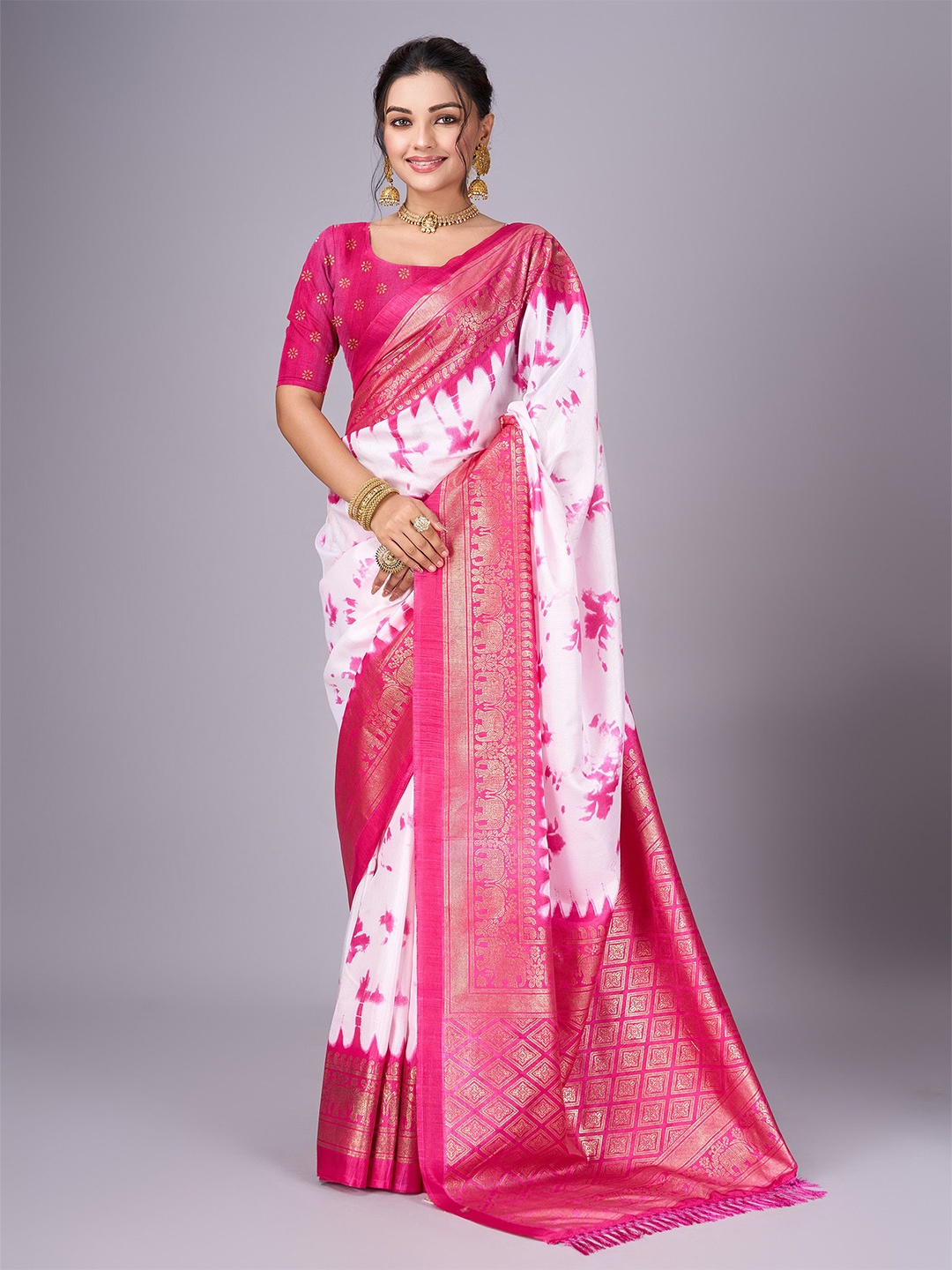 

Sitanjali Tie and Dye Zari Art Silk Saree, Pink