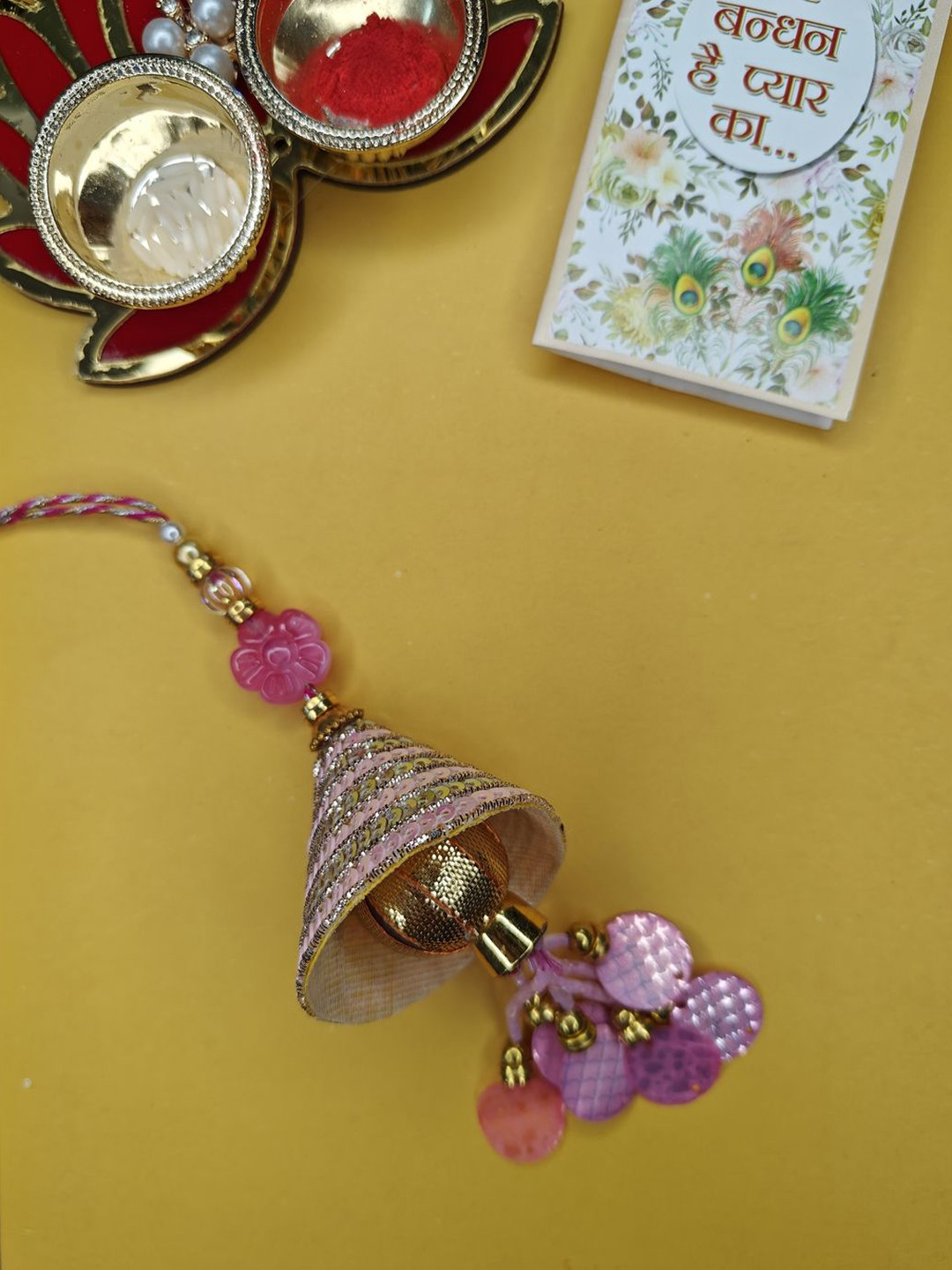 

NVR Beaded Lumba Thread Rakhi With Roli Chawal, Pink
