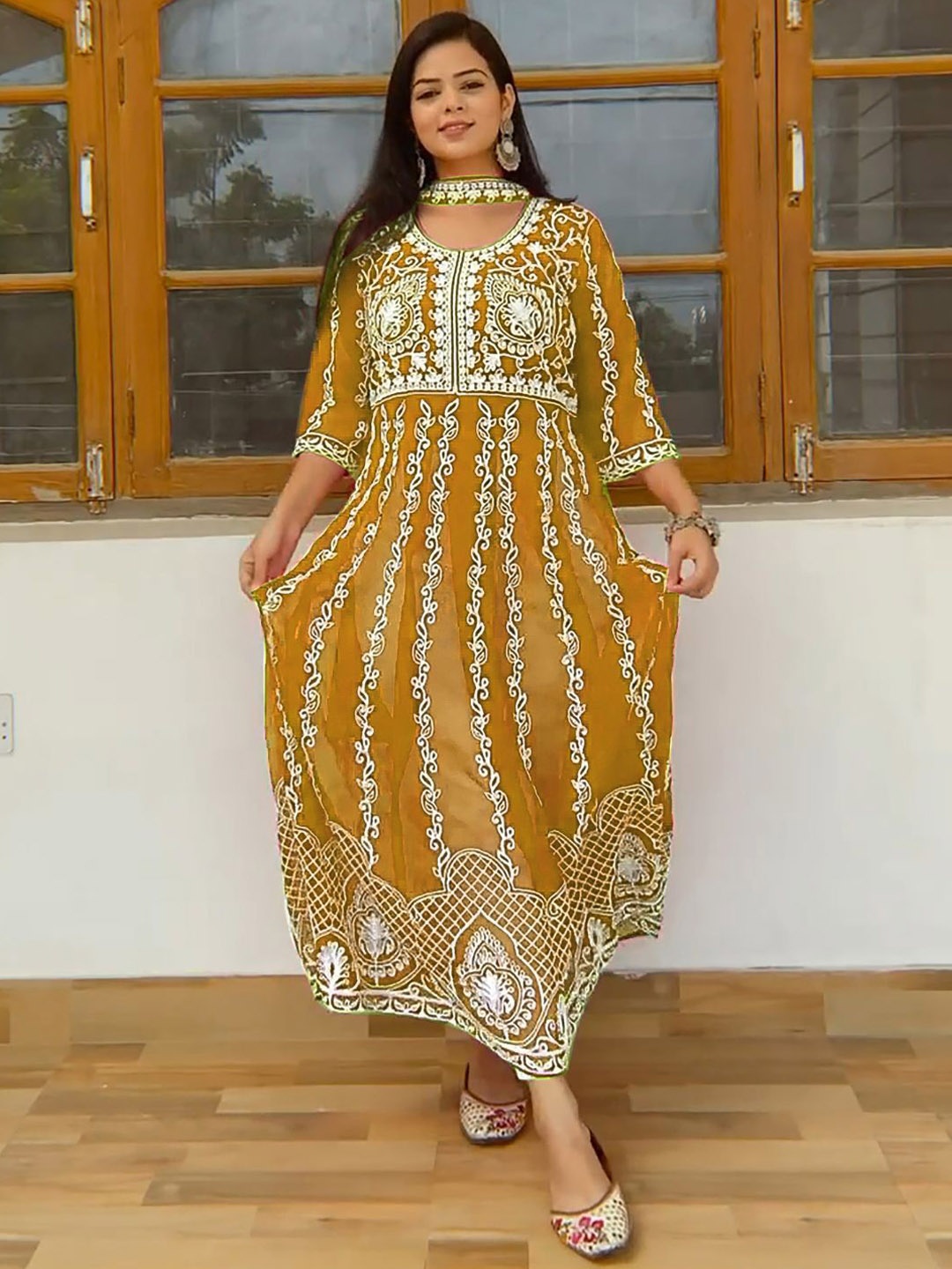 

KALINI Ethnic Motifs Embroidered Thread Work Georgette Anarkali Kurta And Dupatta, Mustard
