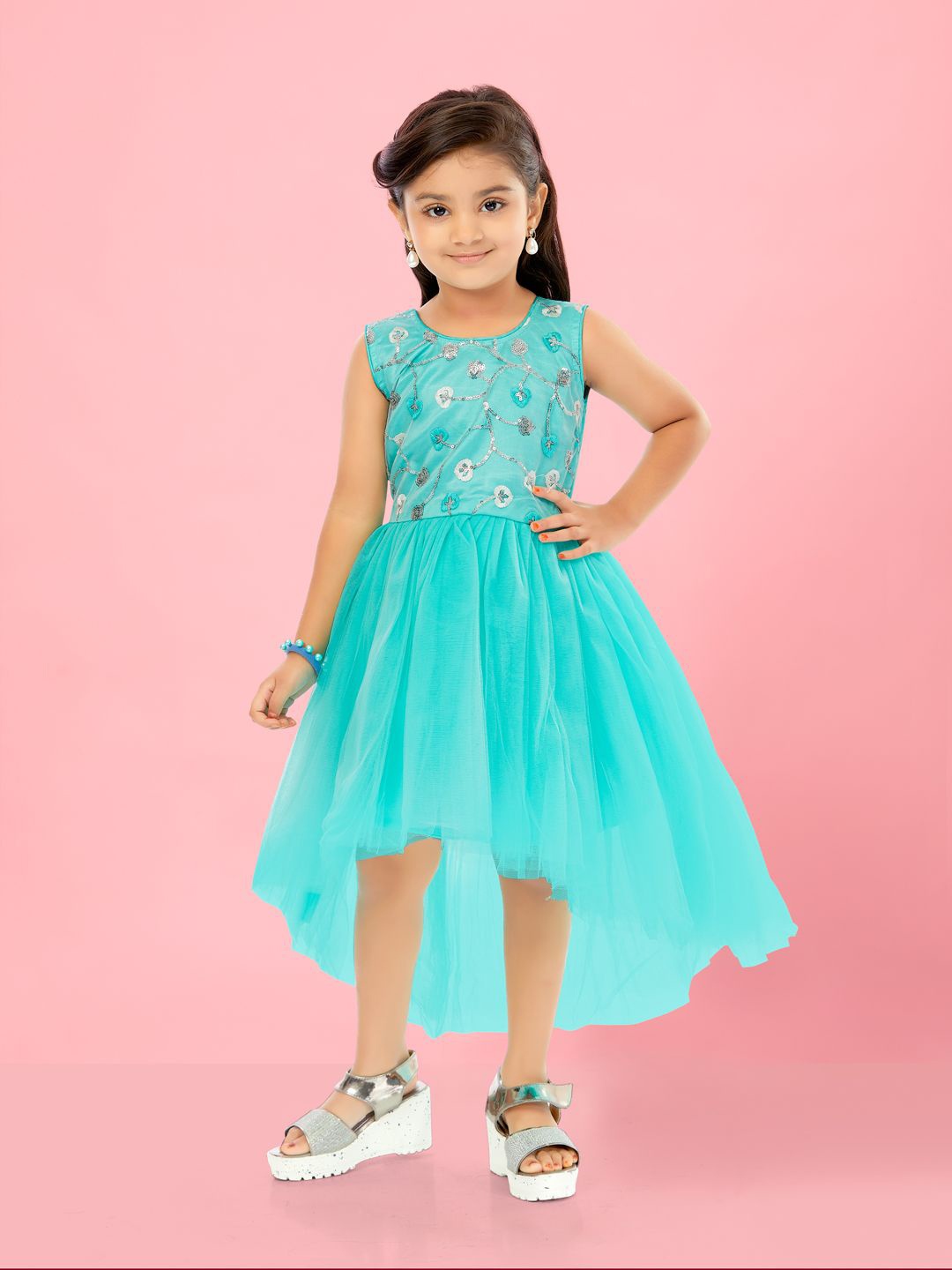 

BAESD Girls Sequinned Emroidered Net Fit & Flare Dress, Turquoise blue