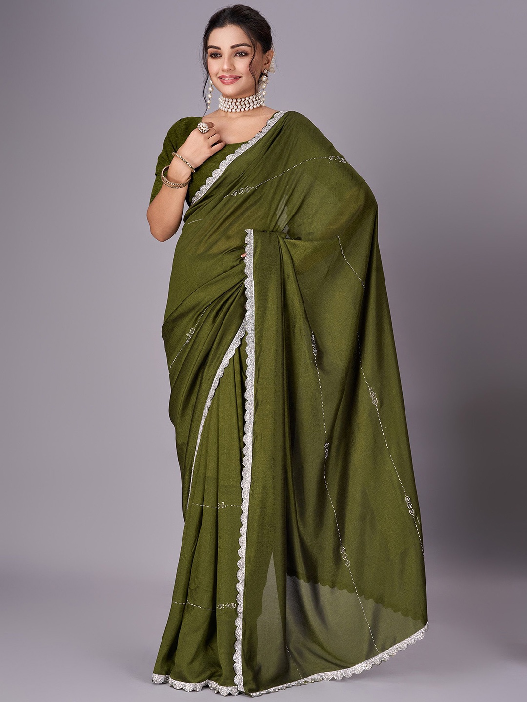 

SANJANA SILK Embellished Jute Silk Saree, Green