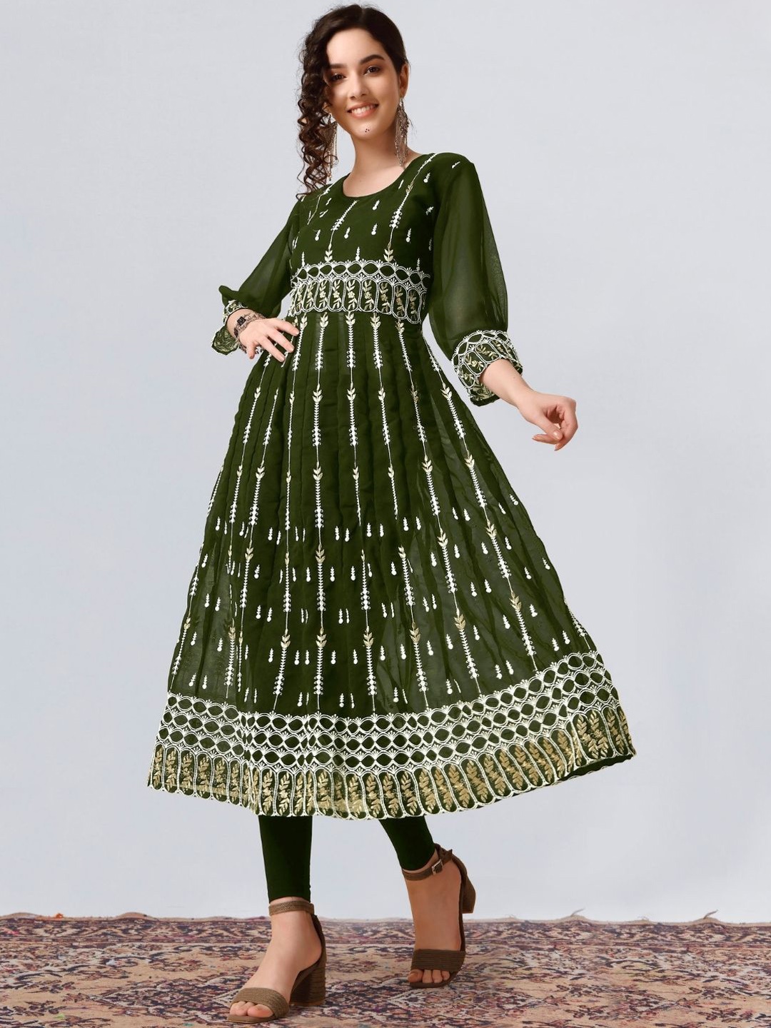 

KALINI Ethnic Motifs Embroidered Round Neck Thread Work Georgette Anarkali Kurta, Green