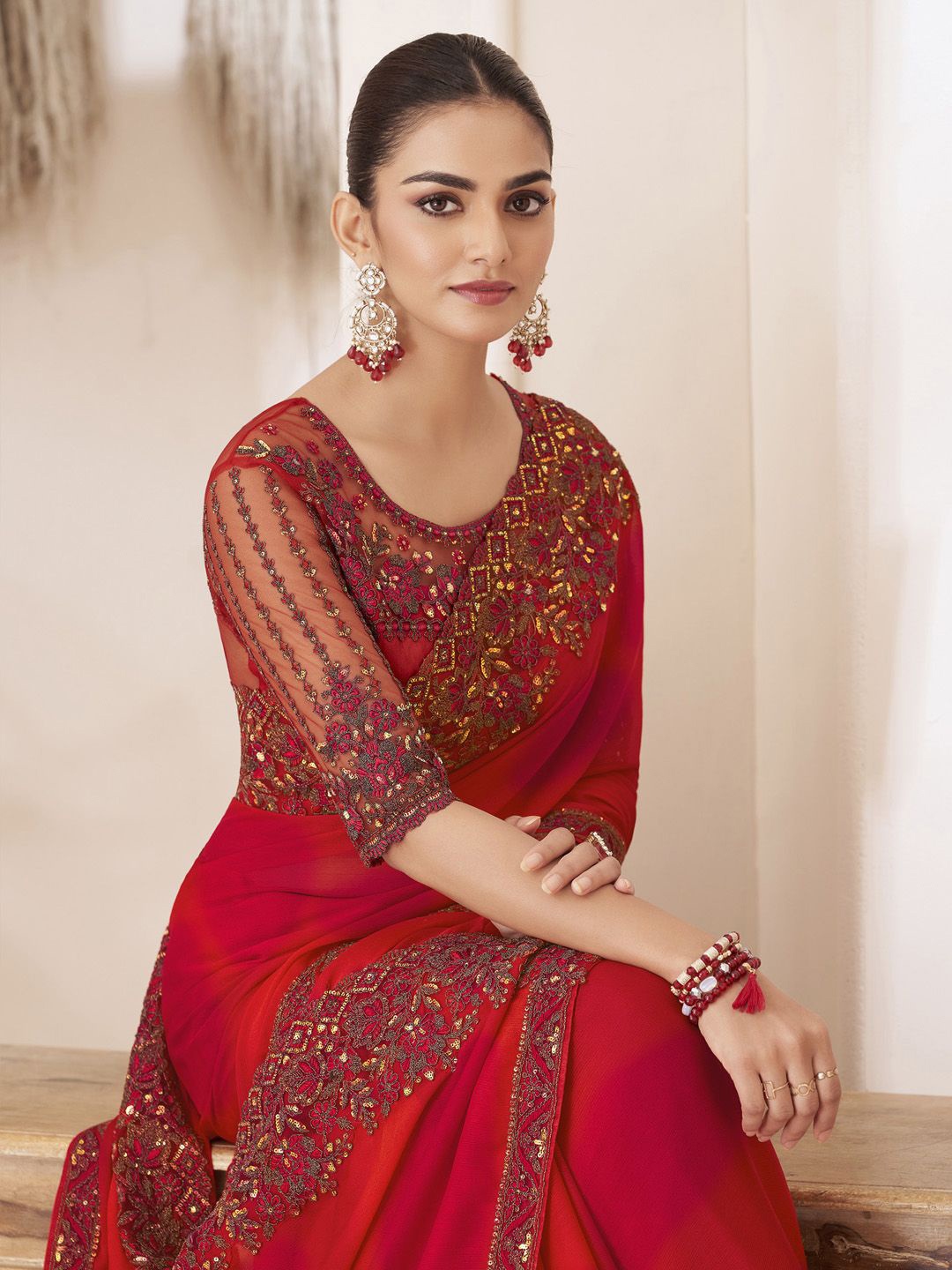 

Mitera Embellished Sequinned Pure Chiffon Saree, Red