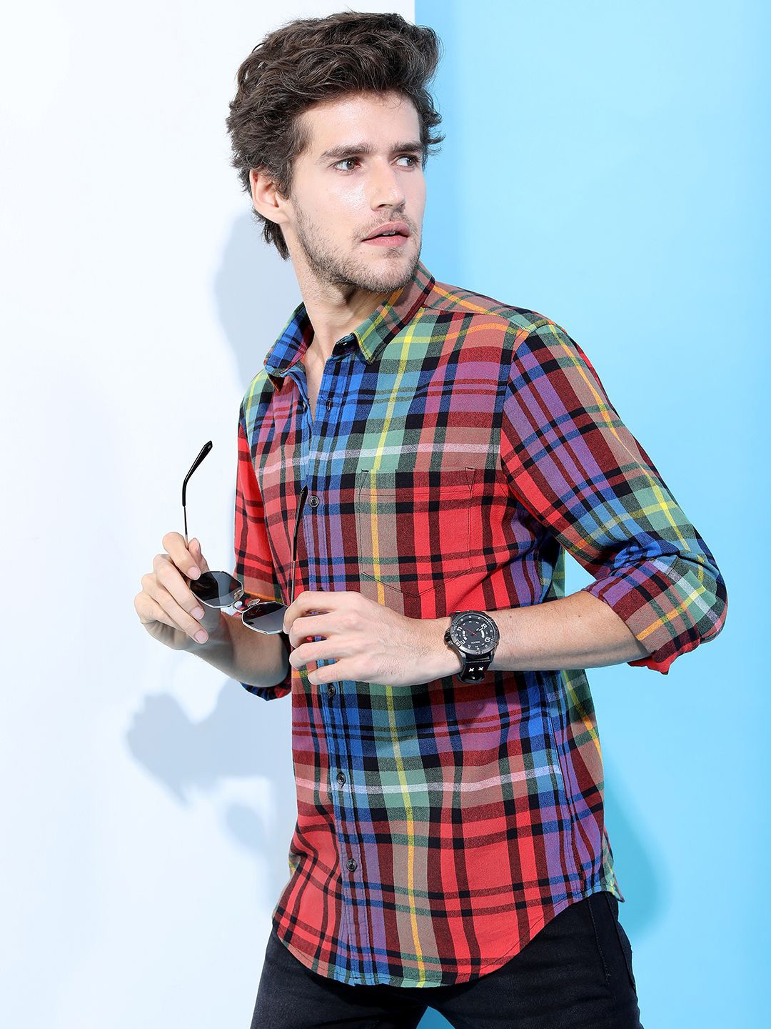

HIGHLANDER Men Slim Fit Tartan Checks Opaque Checked Casual Shirt, Red
