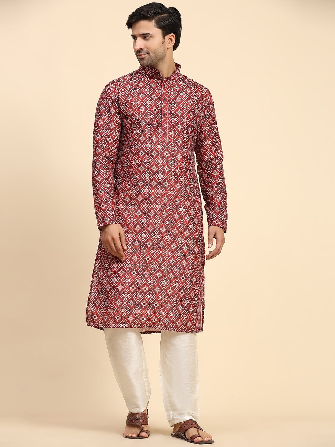

Rawayi Ethnic Motifs Printed Band Collar Cotton Straight Kurta, Red