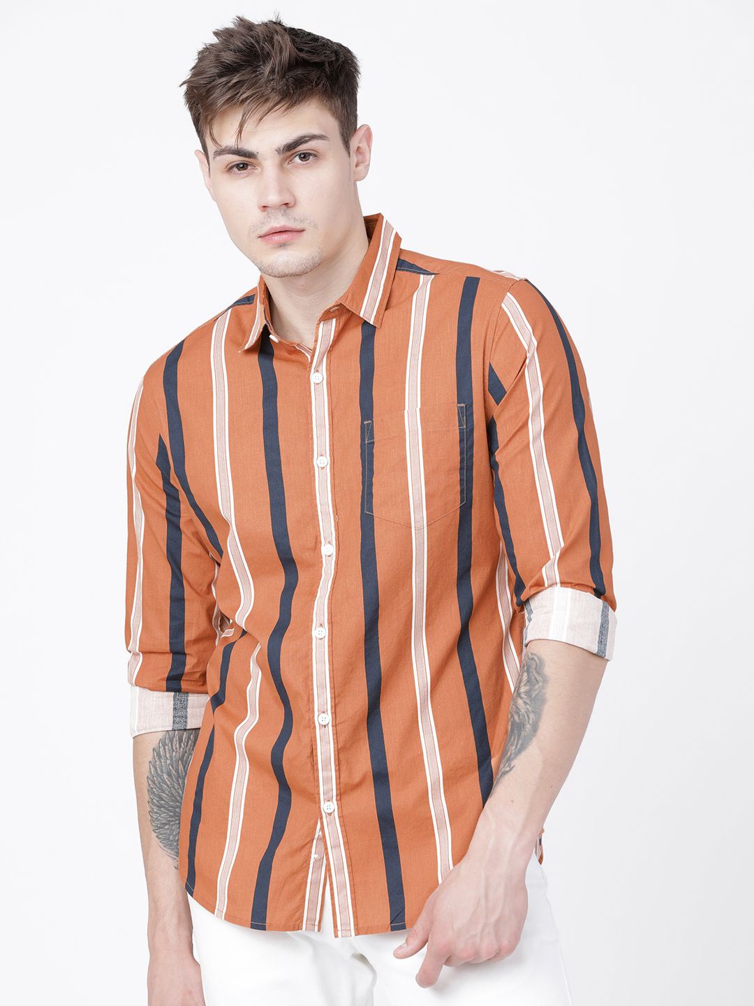 

HIGHLANDER Men Slim Fit Opaque Striped Casual Shirt, Rust