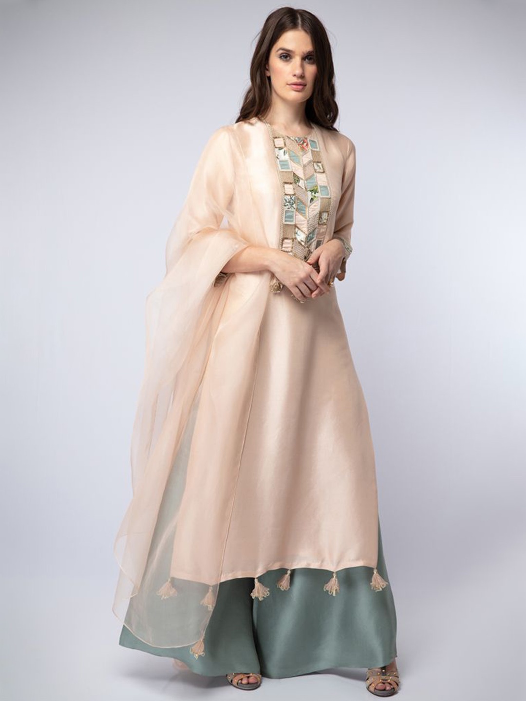

Payal Singhal Regular Patchwork Straight Kurta with Palazzos & Dupatta, Peach