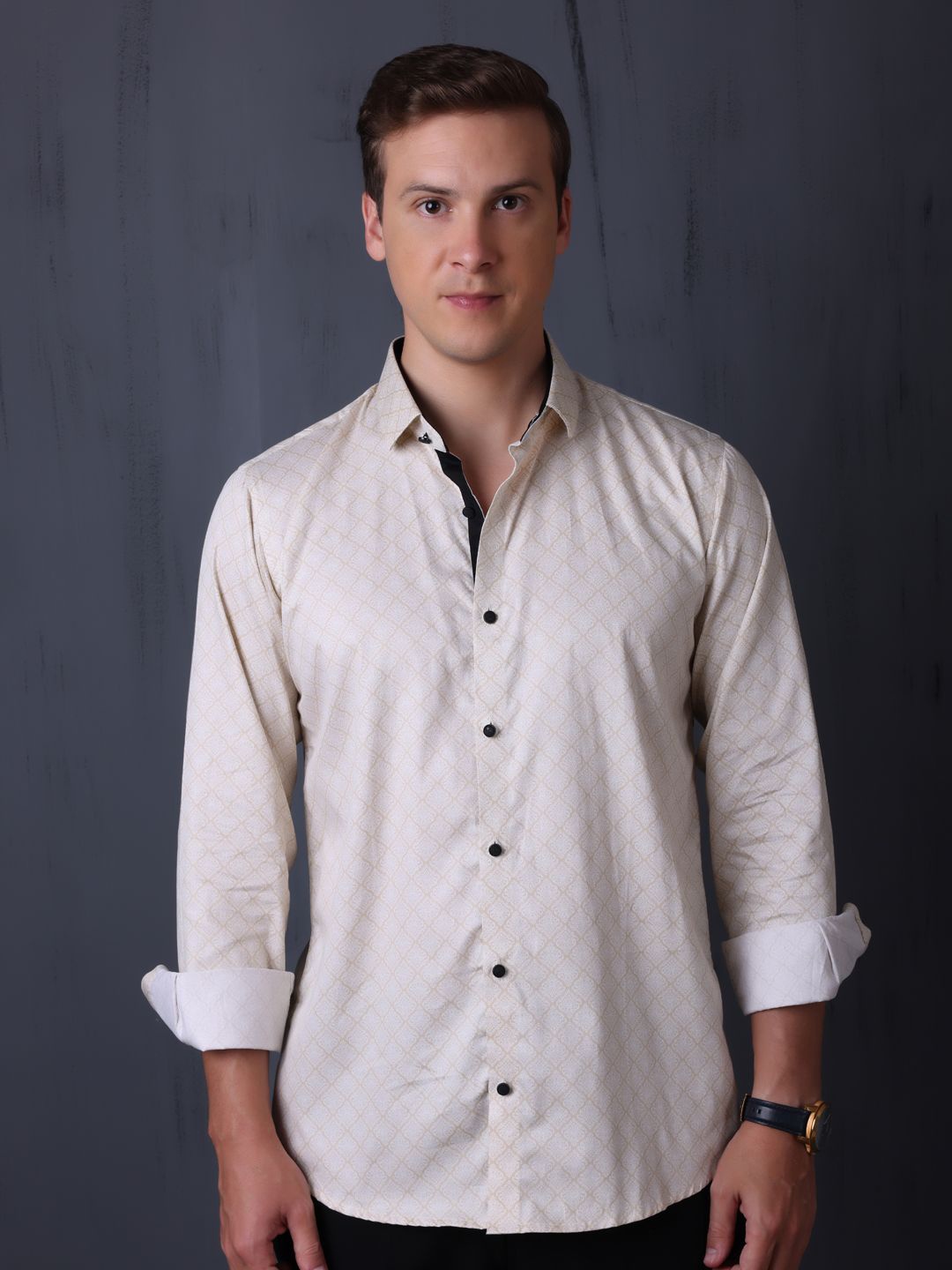

FILO HEVIS Men Cotton Printed Formal Shirt, Beige