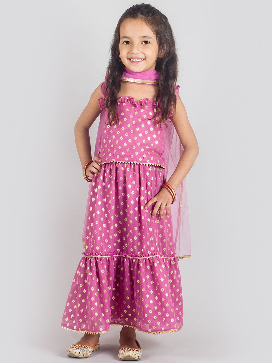 

Tangerine Closet Girls Printed Square Neck Peplum Top With Sharara & Dupatta, Pink
