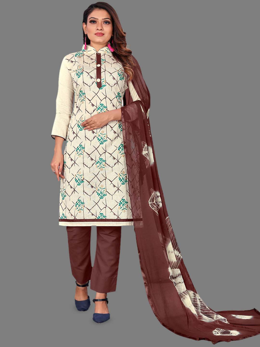 

LADY SHOPI Floral Embroidered Pure Cotton Unstitched Dress Material, Brown