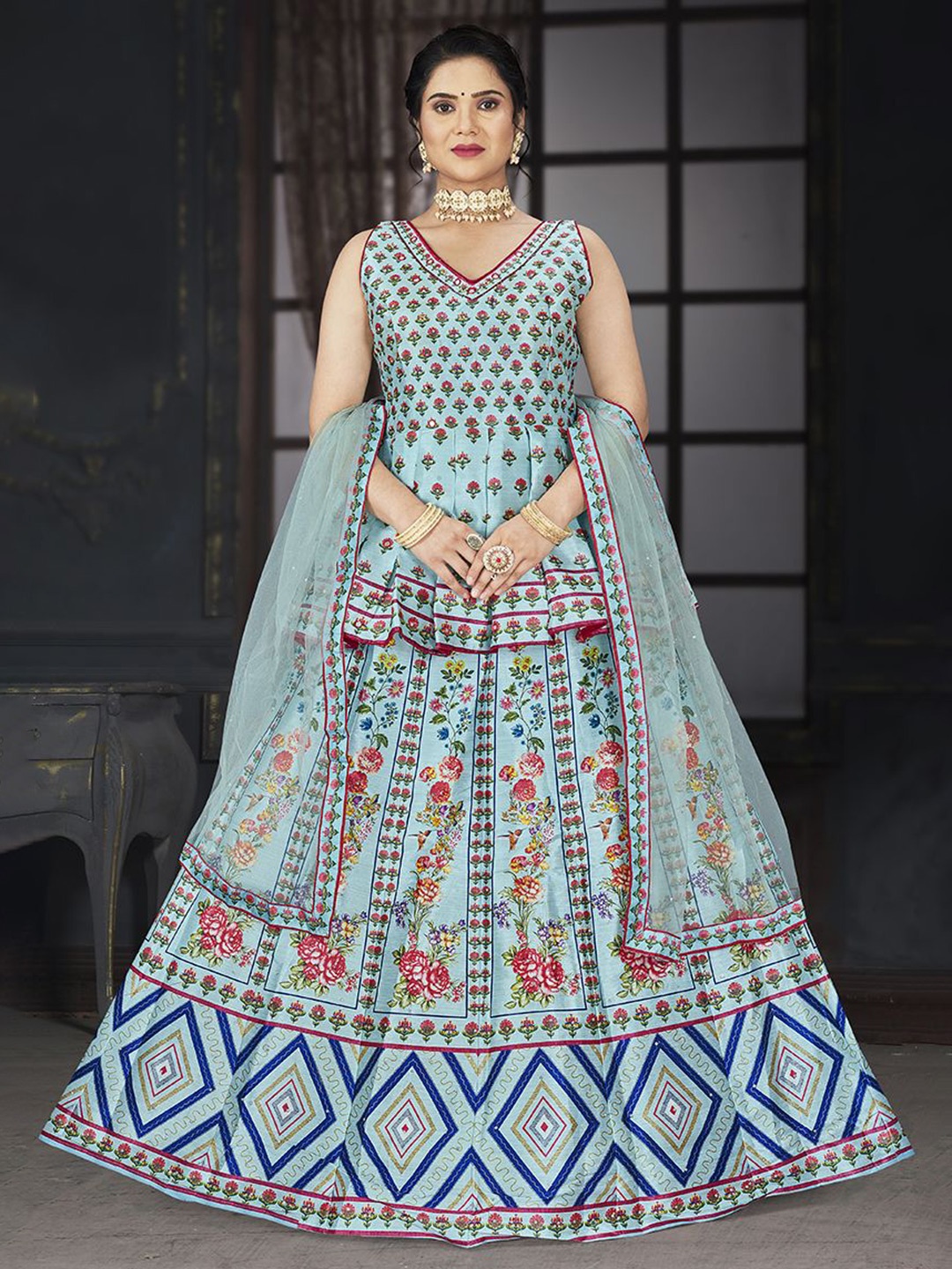 

EthnicTree Printed Beads and Stones Ready to Wear Lehenga & Blouse With Dupatta, Blue