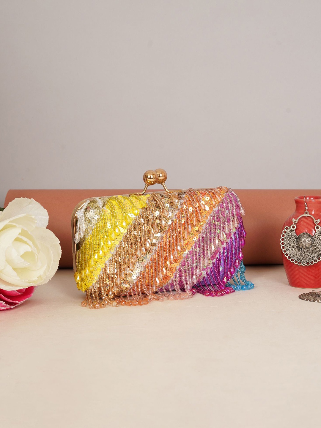 

FABBHUE Embroidered Box Clutch, Yellow