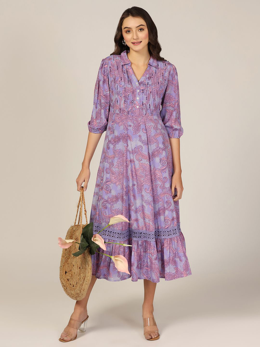 

Mustard Ethnic Motifs Print A-Line Midi Dress, Purple