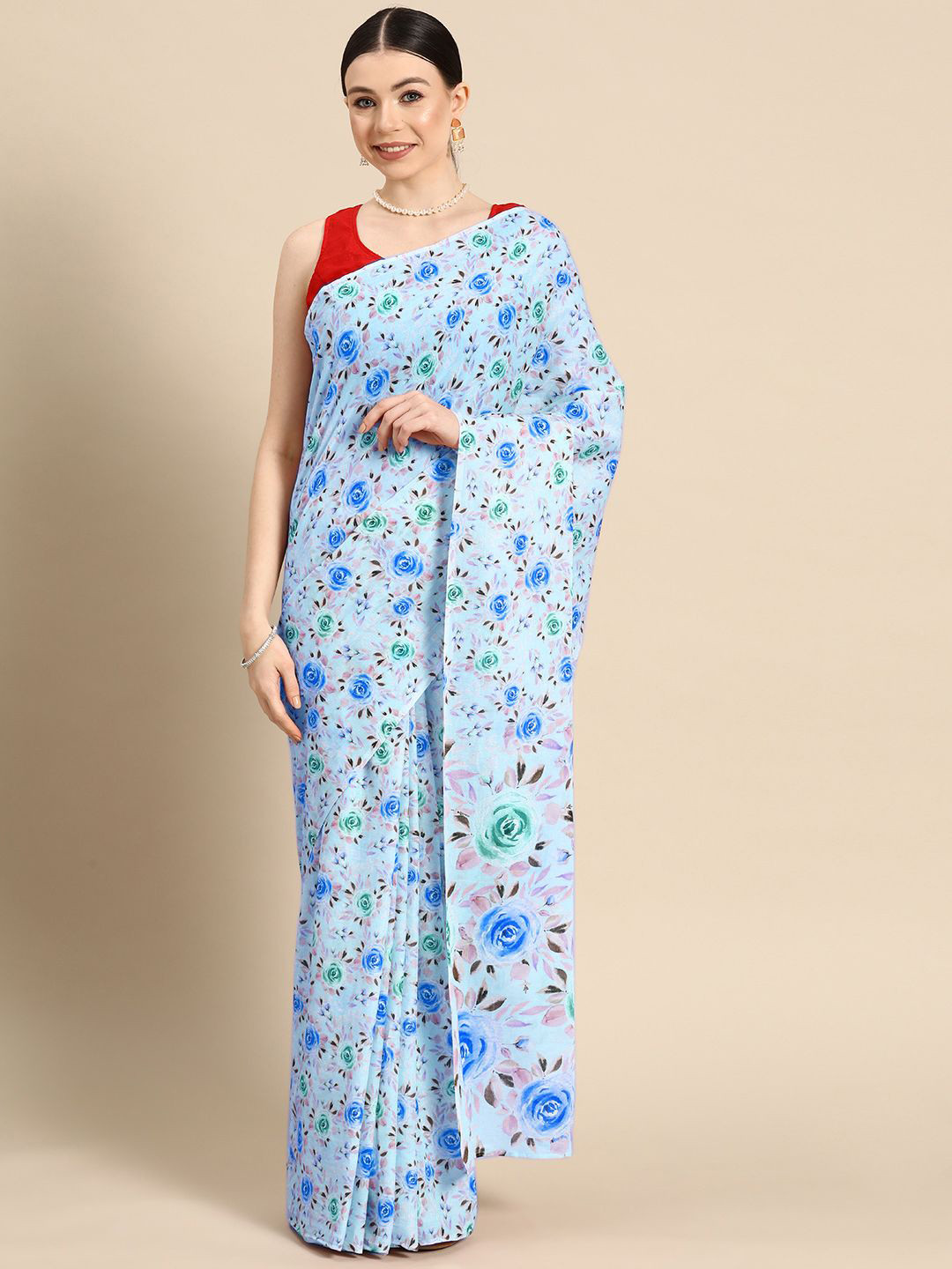 

BUTA BUTI Floral Pure Cotton Saree, Blue