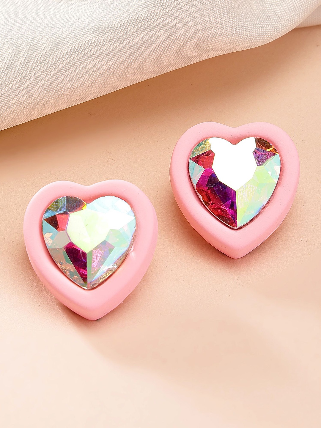 

Bohey by KARATCART Gold-Plated Rhinestone Heart Shaped Studs, Pink