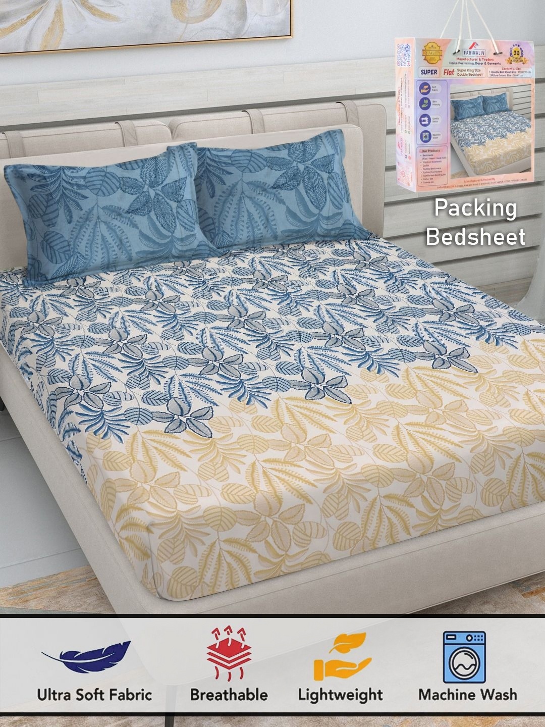 

FABINALIV White & Blue Floral 300 TC King Bedsheet with 2 Pillow Covers
