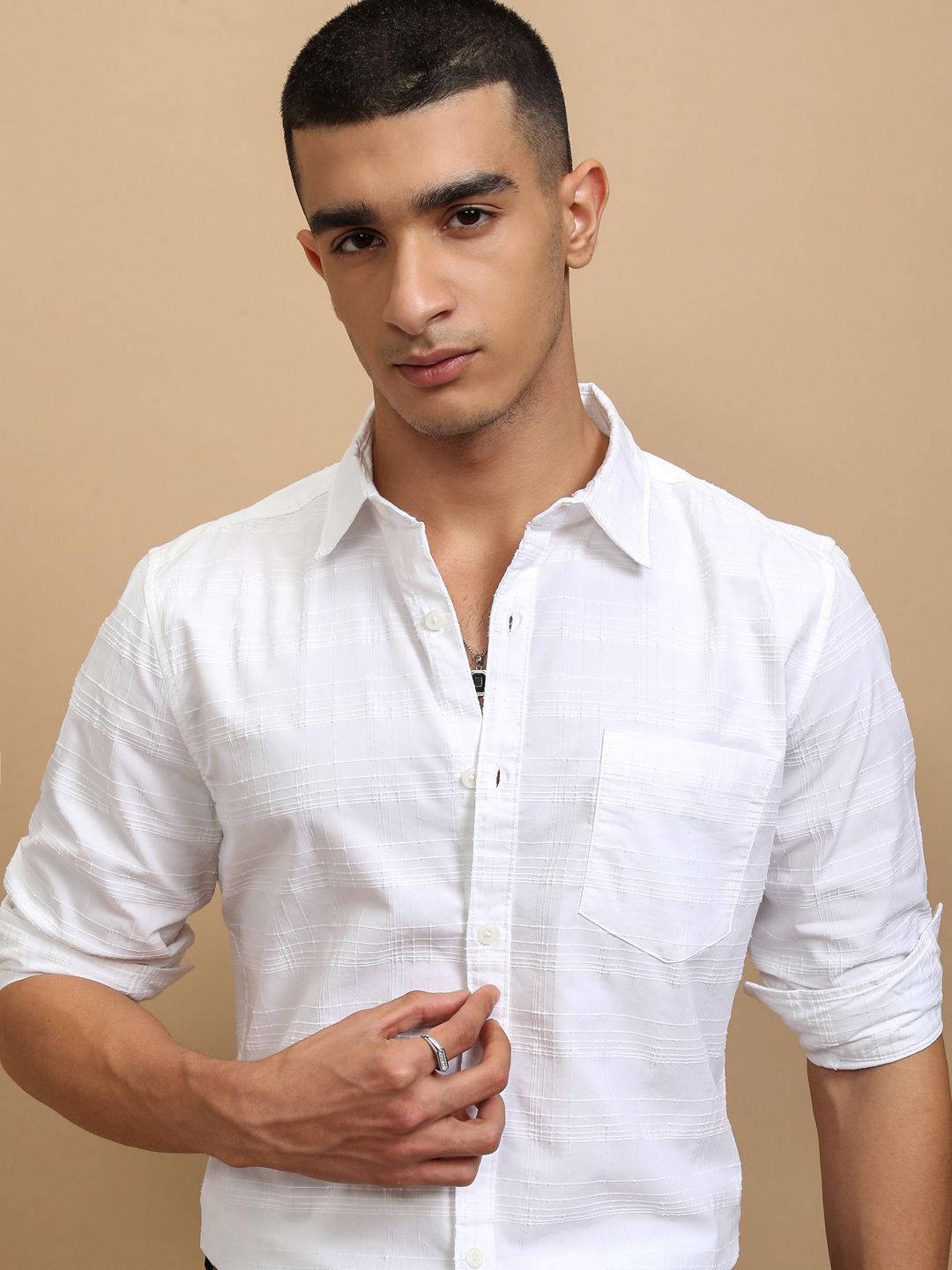 

Highlander Men Special Yarn Dobby Textured Checked Casual Regular Fit Shirt, White