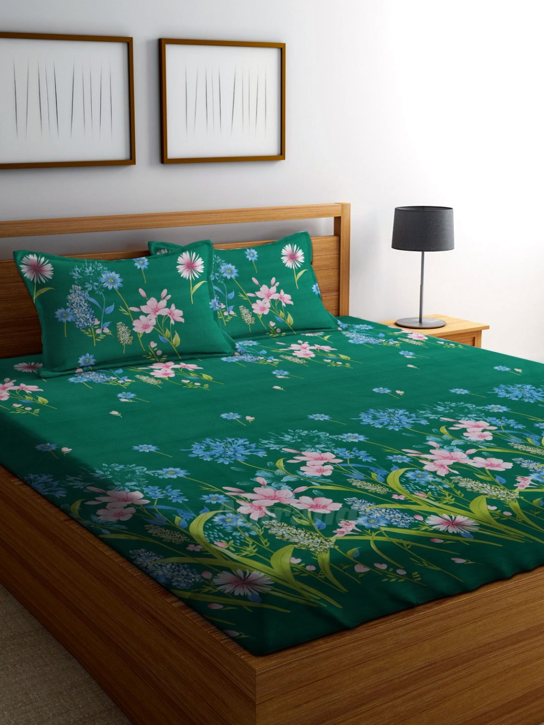 

AMRANGE Green & Pink Floral 250 TC King Double Bedsheet with 2 Pillow Covers