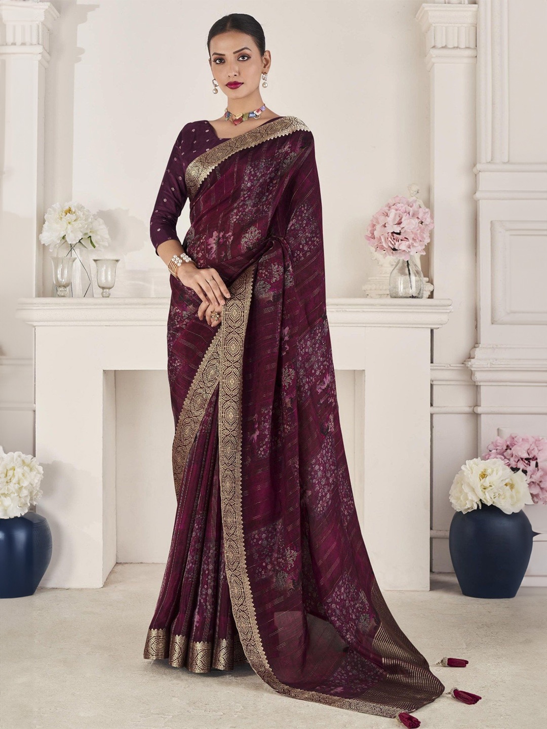 

MySilkLove Floral Zari Silk Blend Banarasi Saree, Purple