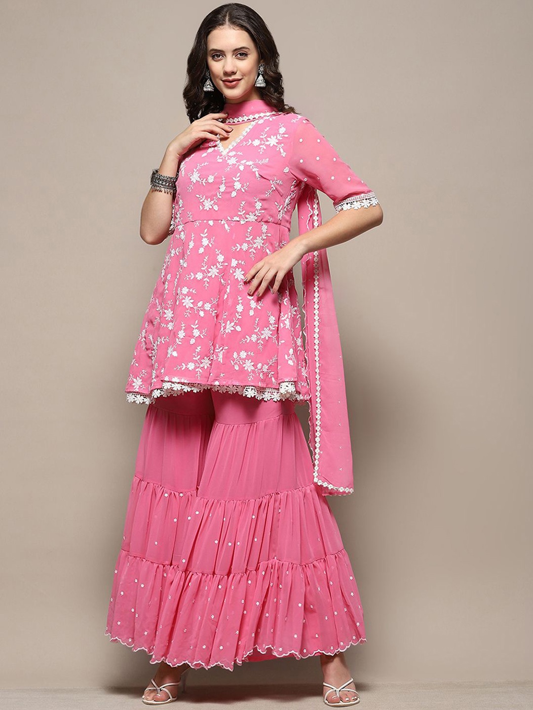 

Biba Floral Embroidered V-Neck Thread Work A-Line Kurta With Sharara & Dupatta, Pink