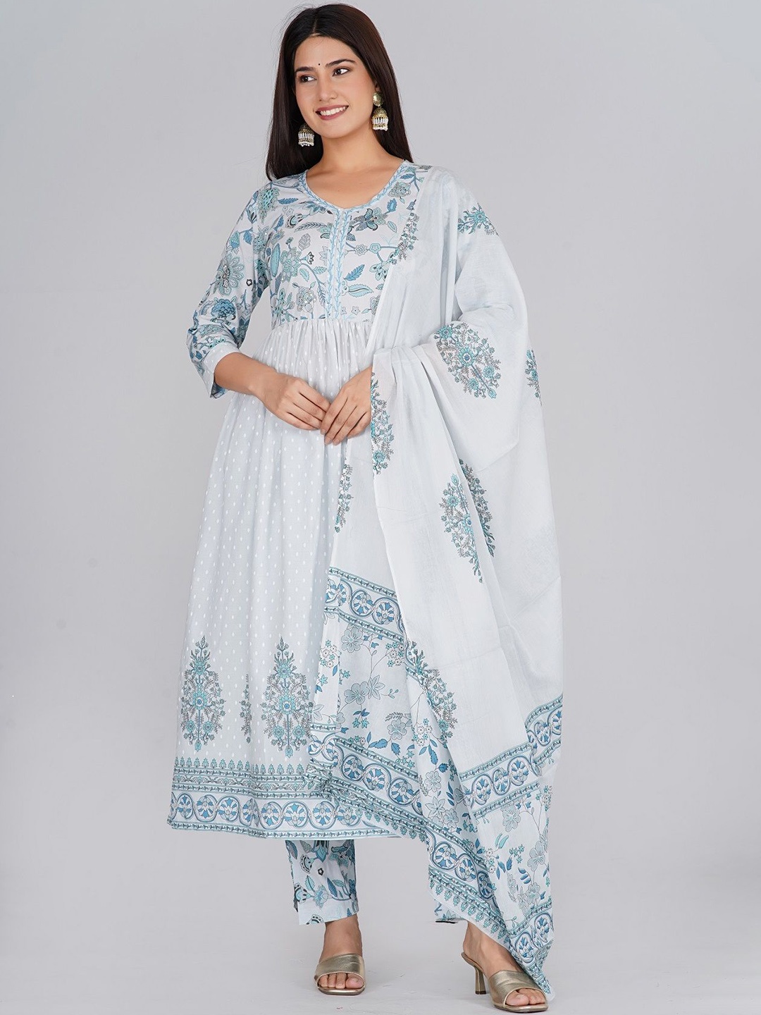 

RAJPUTANA CAMISA Ethnic Motifs Printed Pure Cotton Anarkali Kurta with Trousers & Dupatta, White