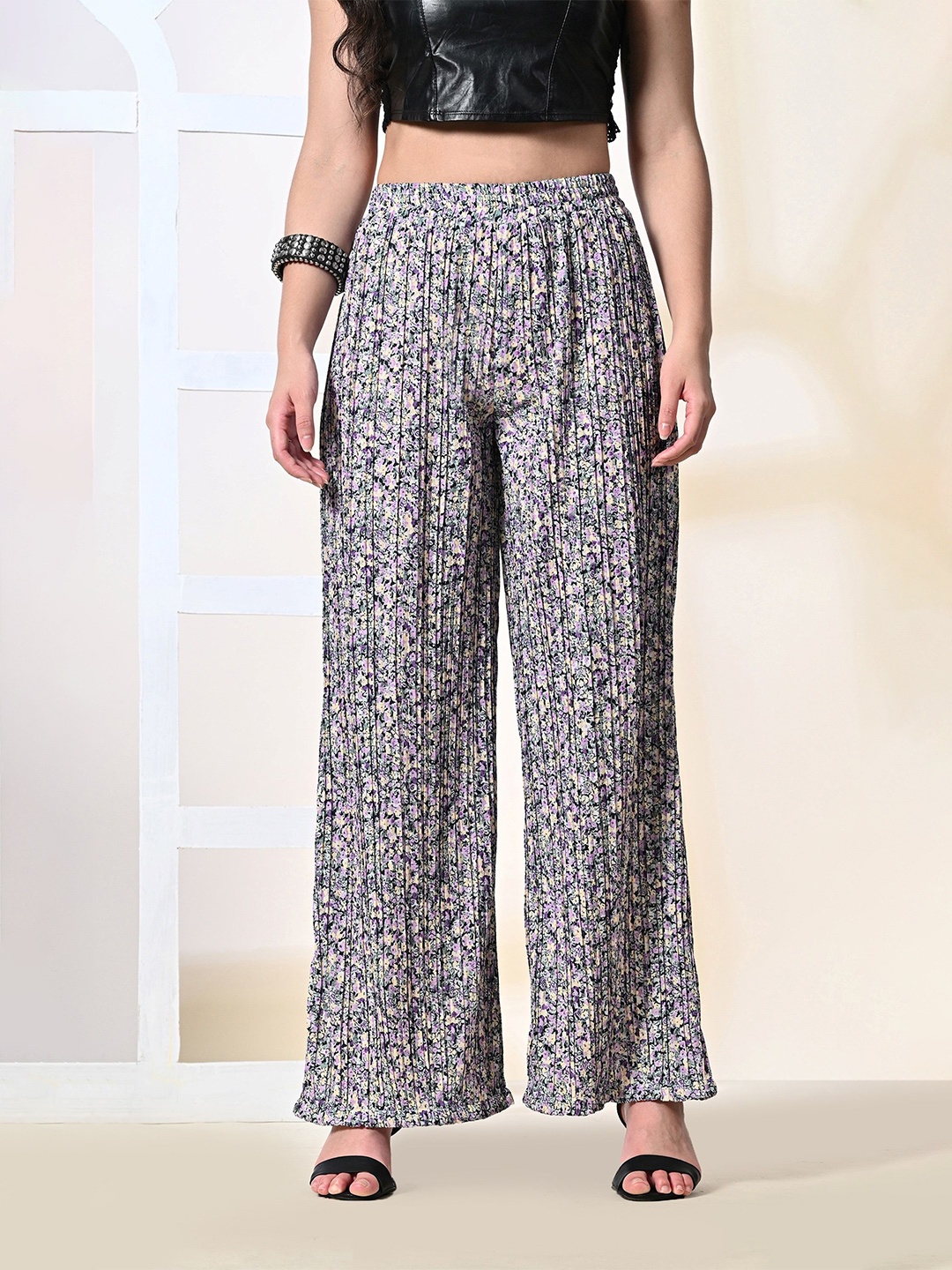 

PANDORNA Women Floral Printed Knitted Palazzos, Lavender