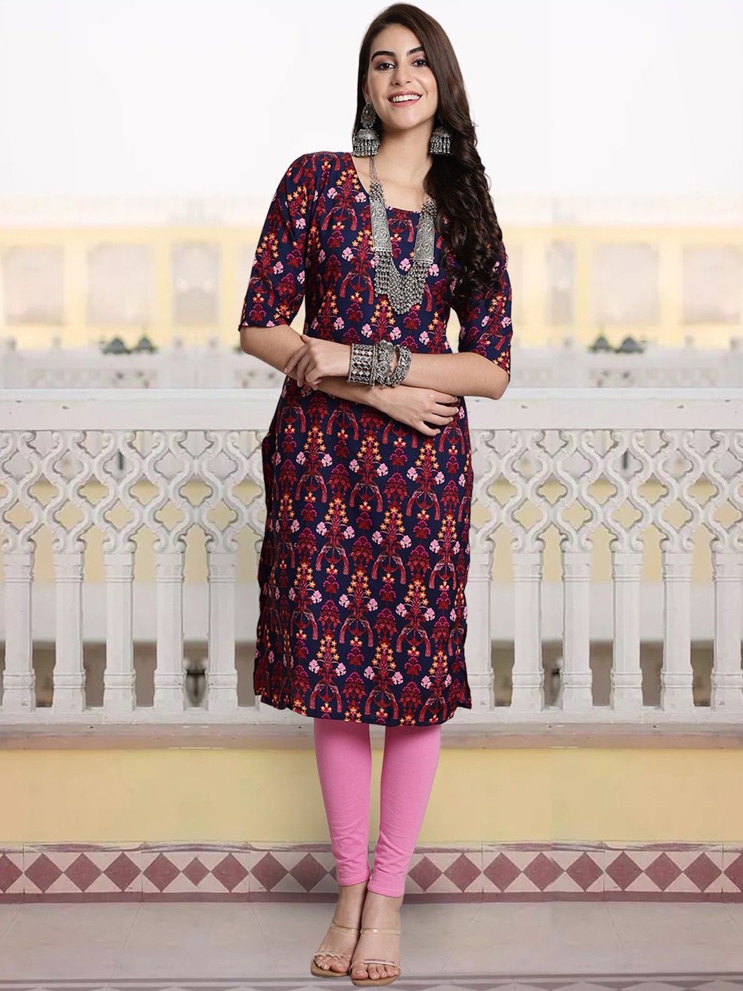 

7Threads Ethnic Motifs Printed Straight Kurta, Navy blue