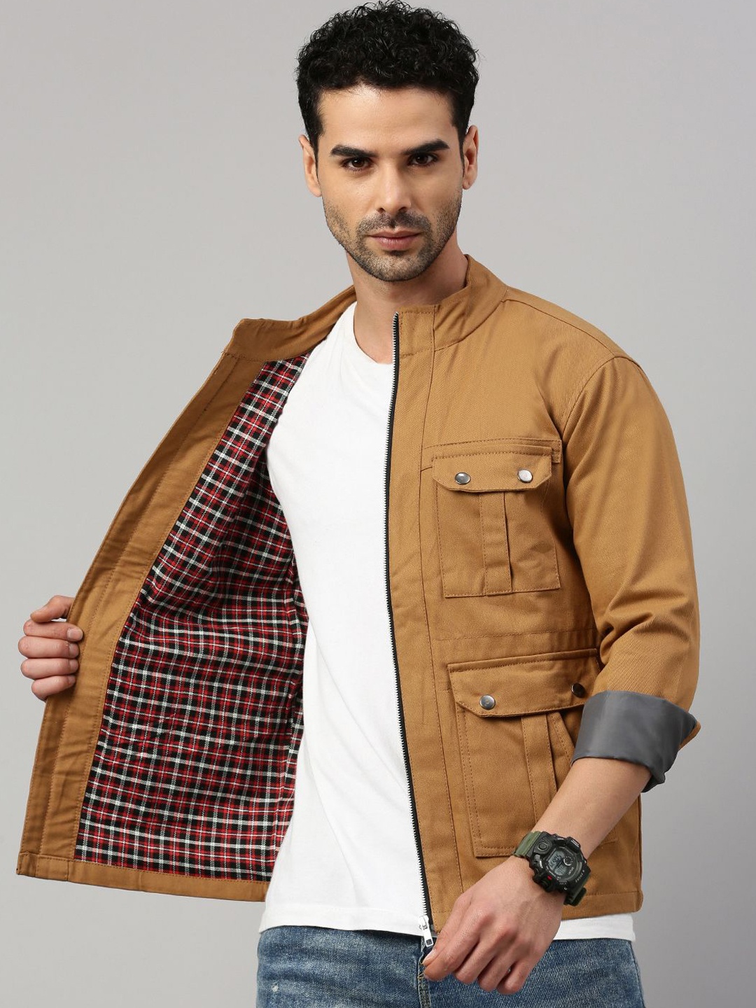 

VOXATI Men Camouflage Checked Crop Tailored Jacket with Patchwork, Mustard