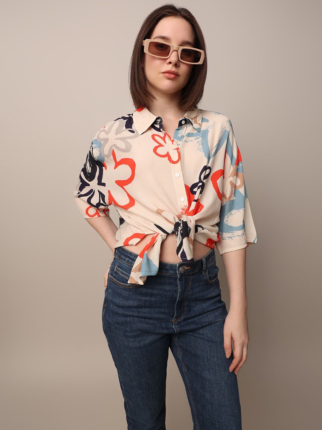 

ONLY Women Boxy Floral Opaque Printed Casual Shirt, Beige