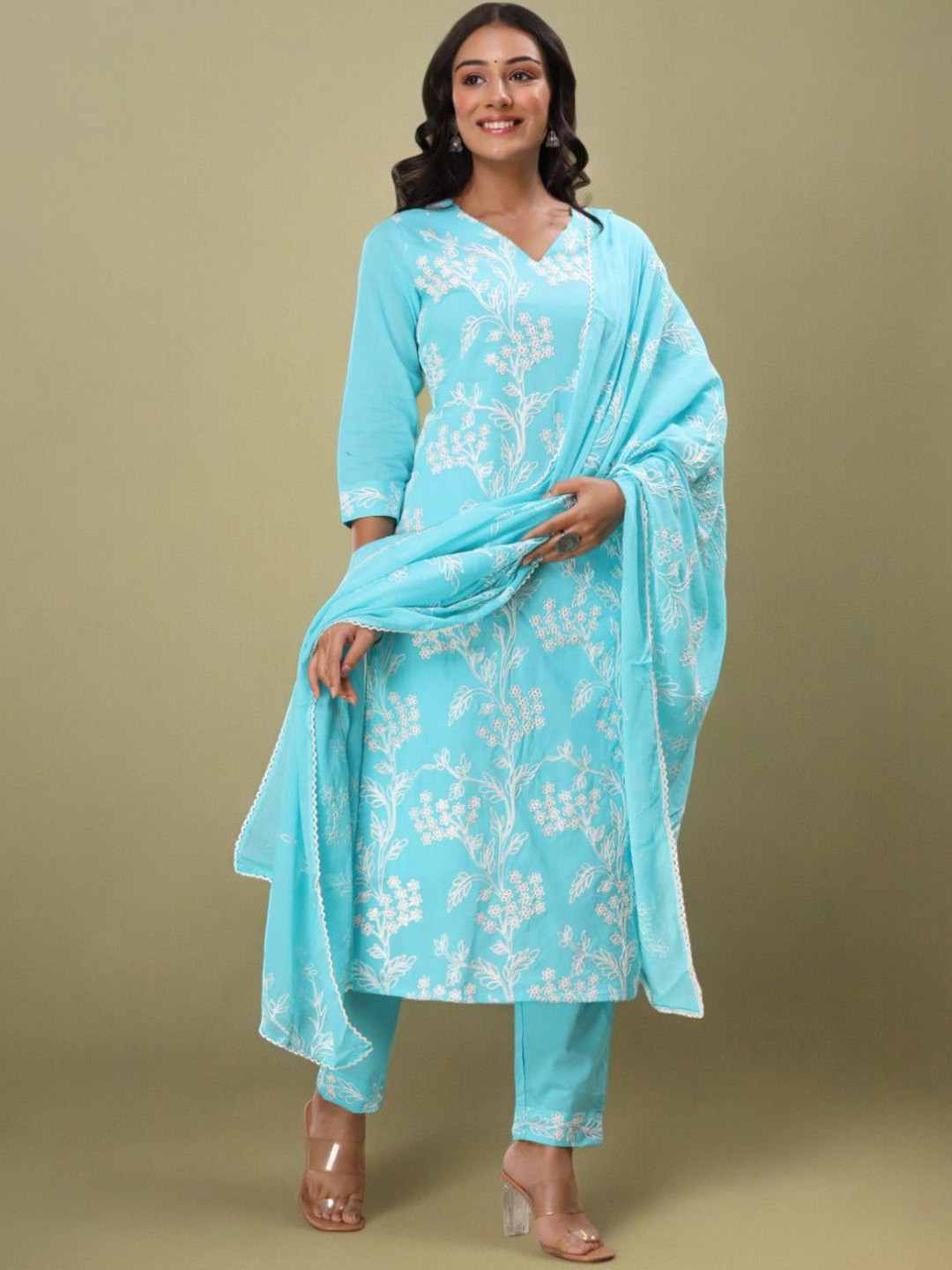 

ARAVALII Floral Embroidered Chikankari Pure Cotton Straight Kurta With Trousers & Dupatta, Blue
