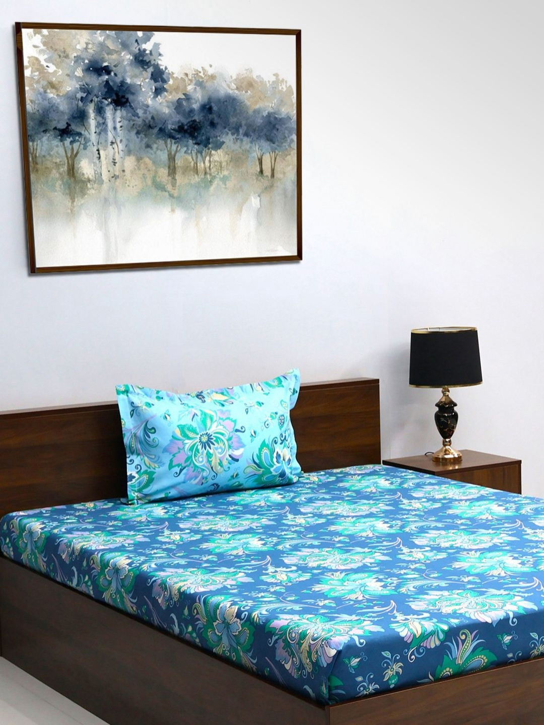 

BOMBAY DYEING Blumen Blue & Green Floral 104 TC Pure Cotton Single Bedsheet Set