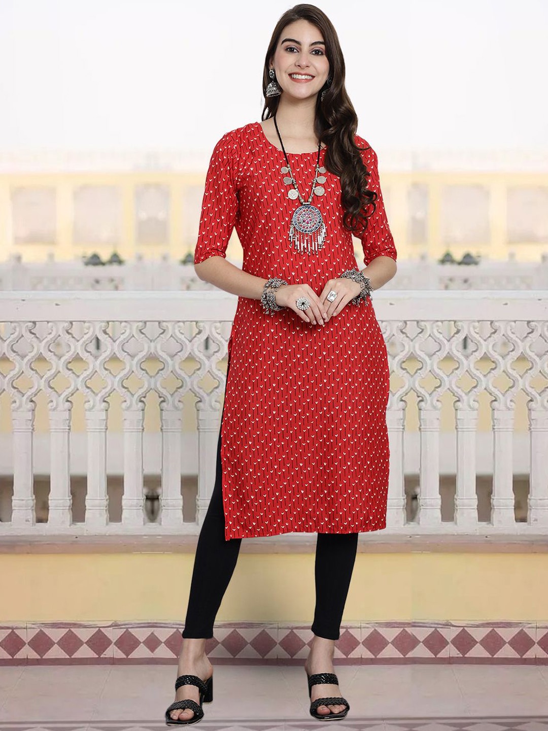 

KALINI Abstract Printed Round Neck Crepe Straight Kurta, Red