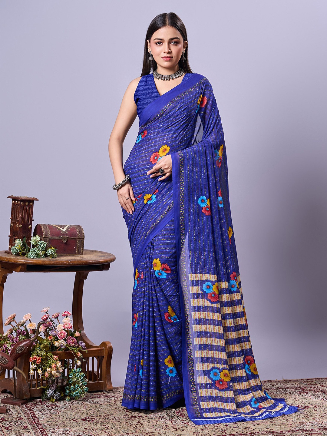 

VIRICA Floral Poly Georgette Saree, Blue