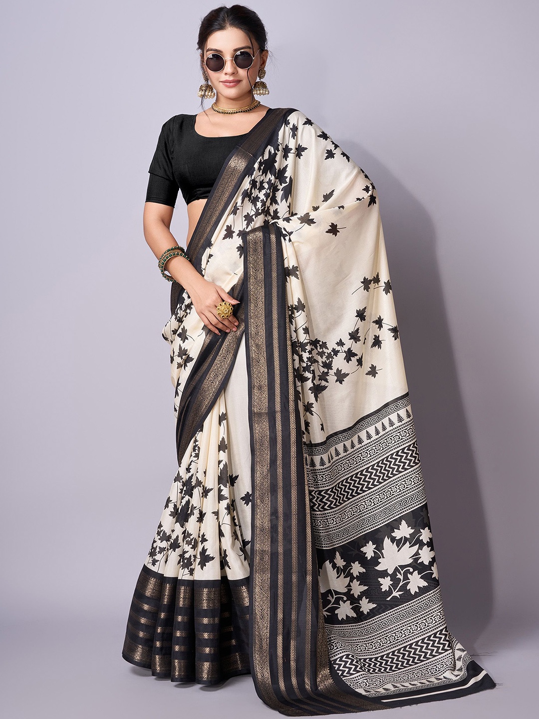 

SANJANA SILK Floral Zari Art Silk Chanderi Saree, Black