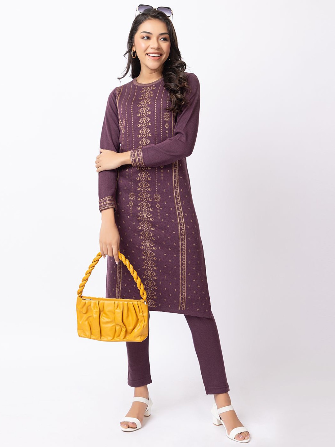 

Anouk Women Flared Sleeves Sequinned Jacquard Winter Wear Kurta, Violet