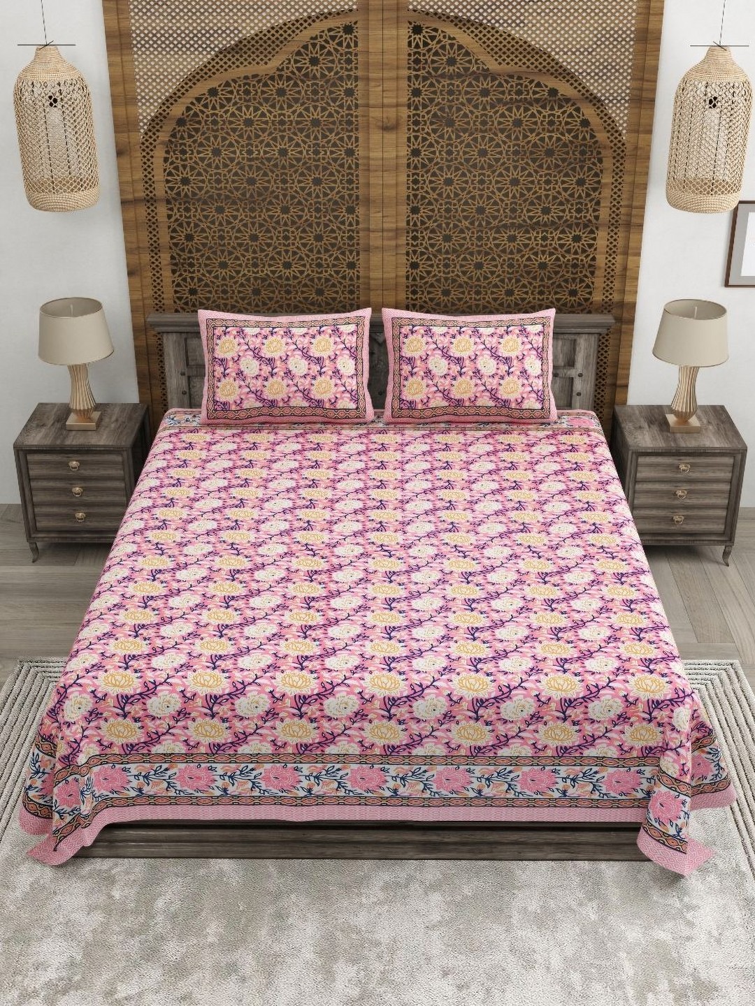 

CLOTHOLOGY Pink & Yellow Floral 180 TC King Cotton Bedsheet with 2 Pillow Covers