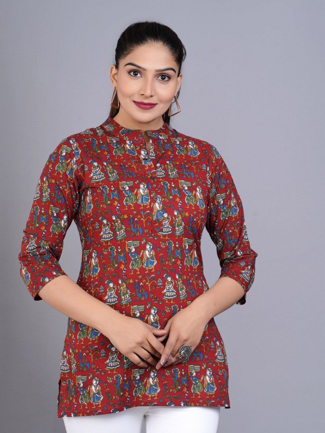 

TANISHA Women Graphic Printed Ethnic Print Mandarin Collar Top, Maroon