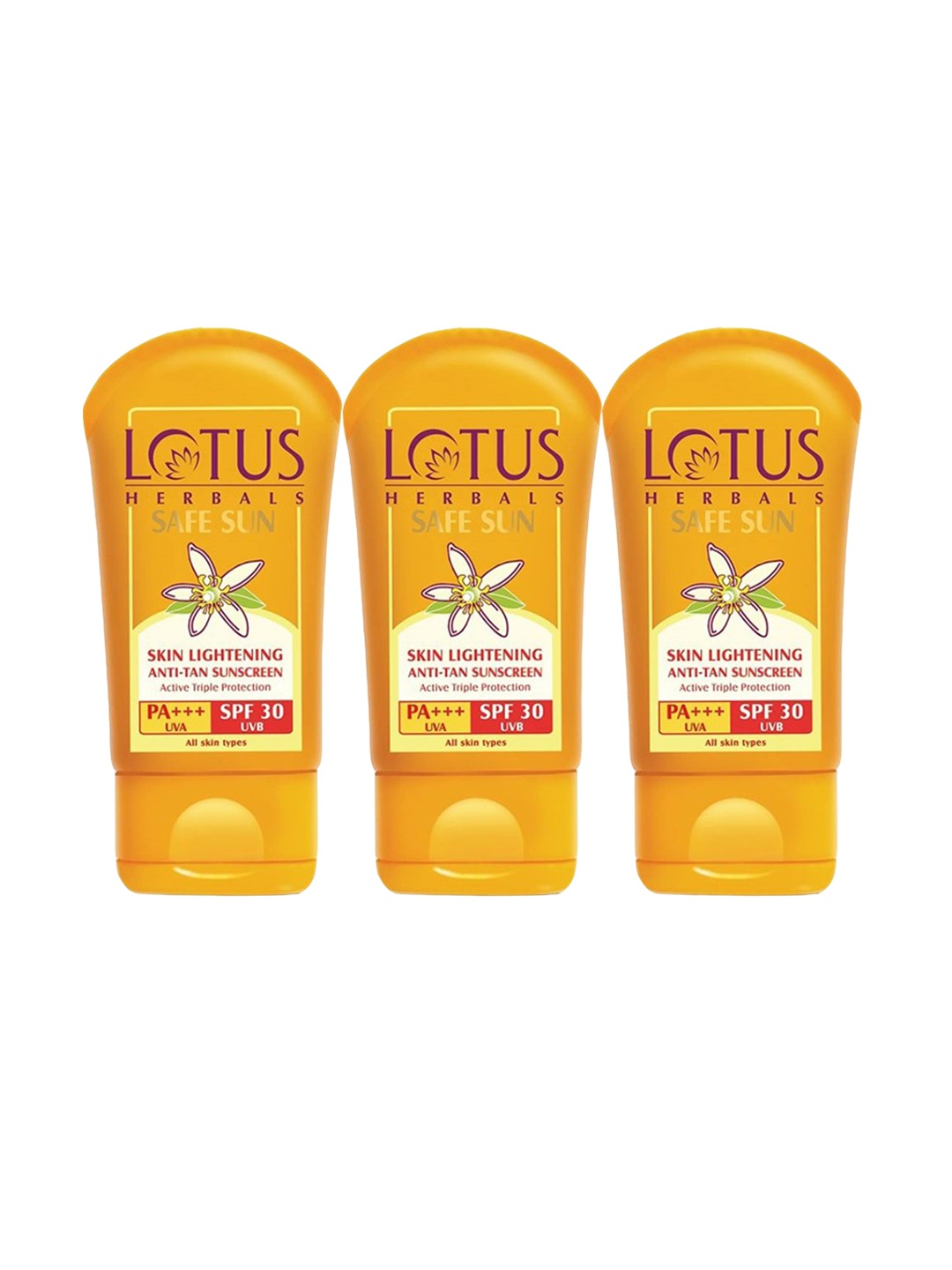 

Lotus Herbals Safe Sun Set Of 3 Skin Lightening Anti Tan SPF 30 Sunscreen - 50g Each, Orange