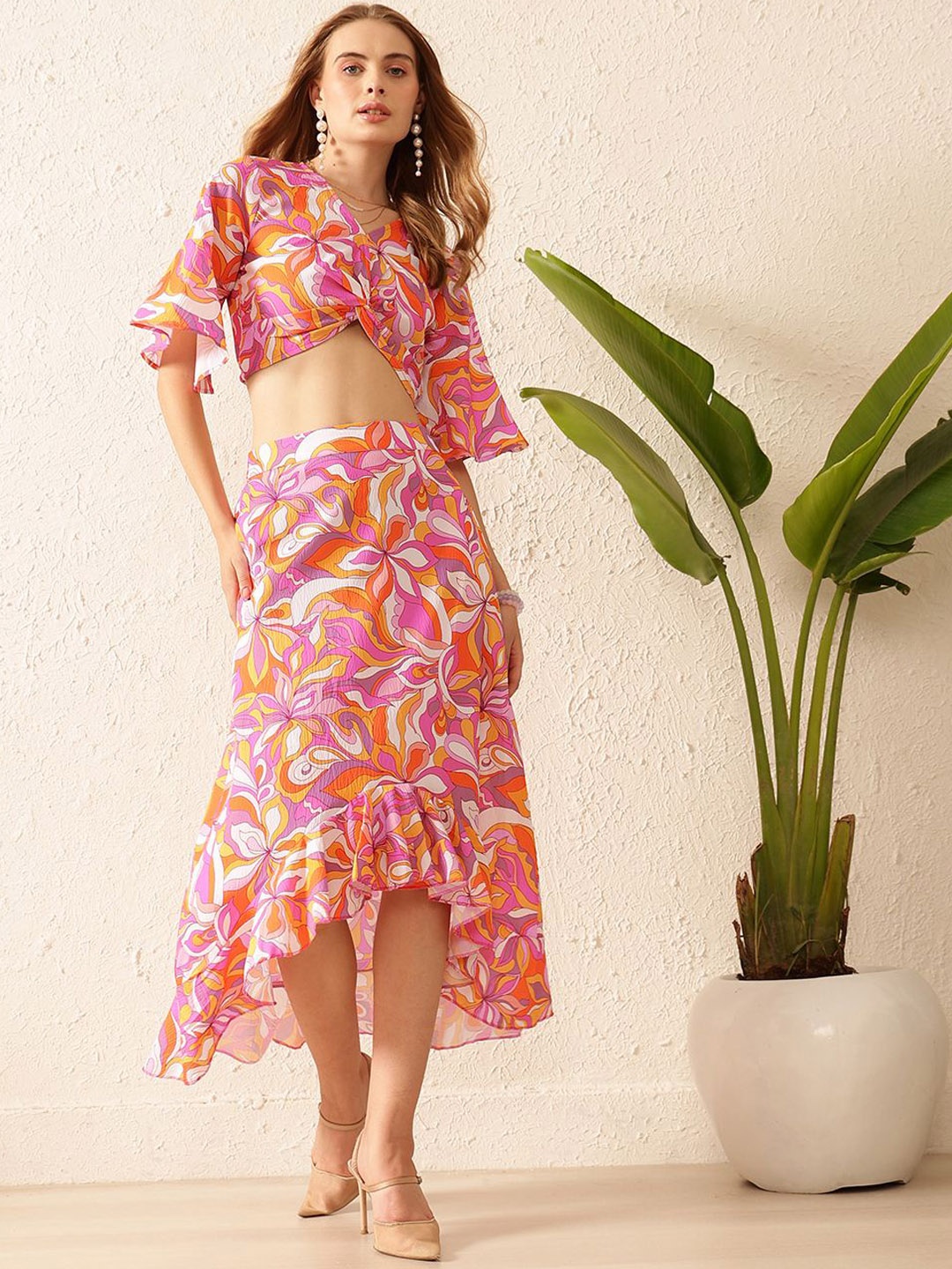 

STREET 9 Printed Short Sleeves Top & Skirt, Pink